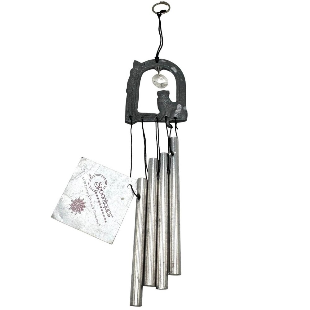 Cast Iron Wind Chime Sitting Cat & Crystal Accent By Spoontiques